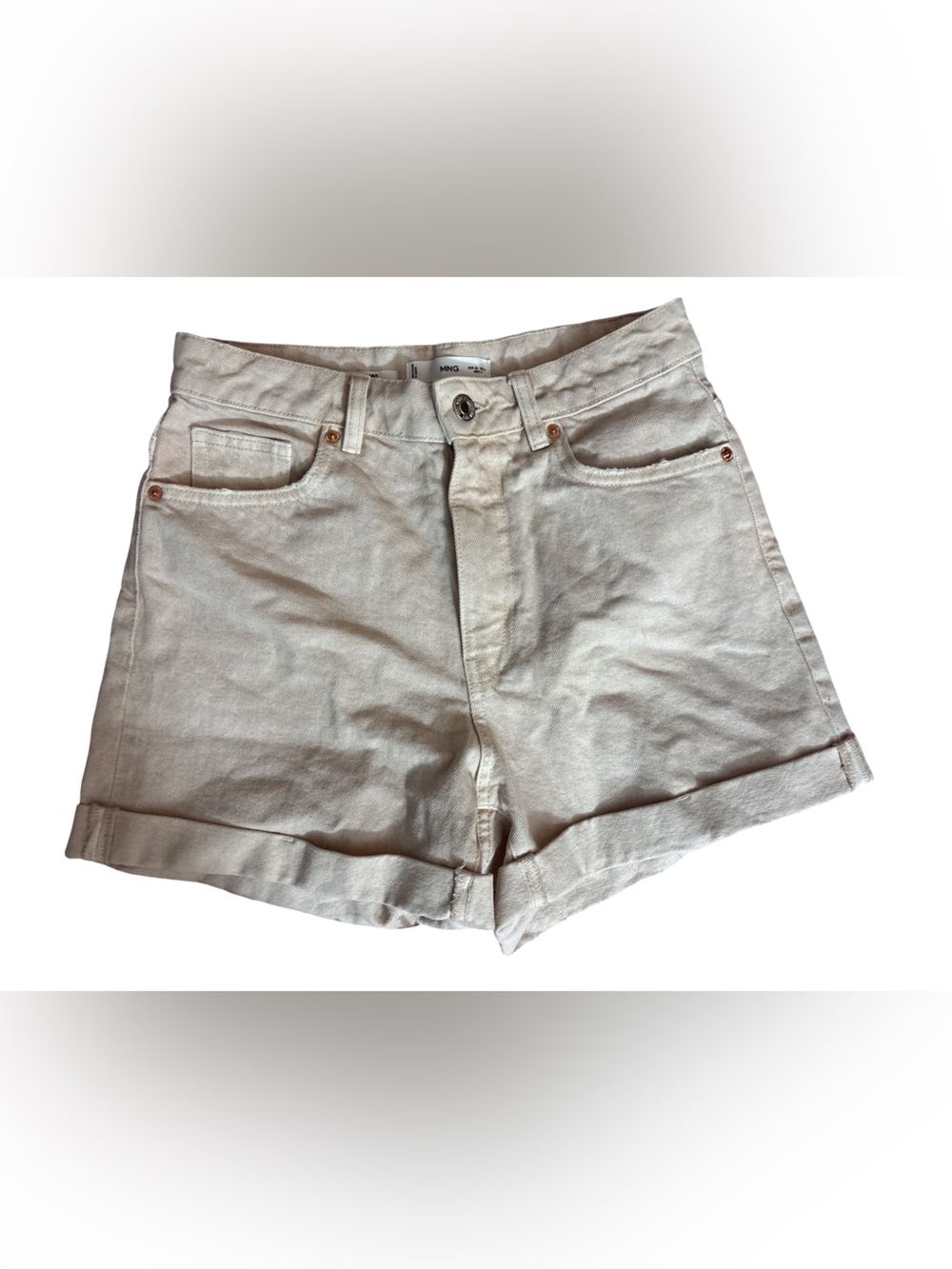 Mango Beige High-Rise Rolled Hem Denim Shorts